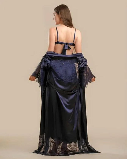 Elegant 2-Piece Silk Nightwear Set with Lace Detailing – Luxurious Midi Nightdress & Matching Robe