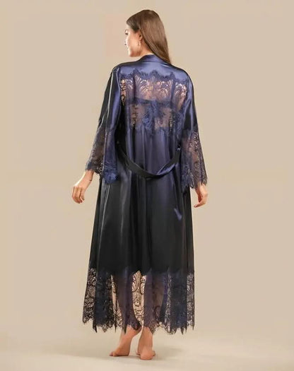 Elegant 2-Piece Silk Nightwear Set with Lace Detailing – Luxurious Midi Nightdress & Matching Robe