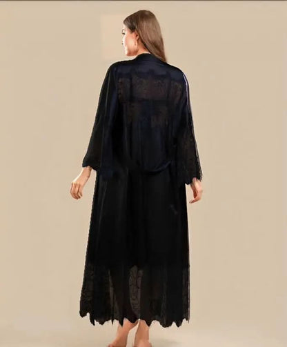 Elegant 2-Piece Silk Nightwear Set with Lace Detailing – Luxurious Midi Nightdress & Matching Robe