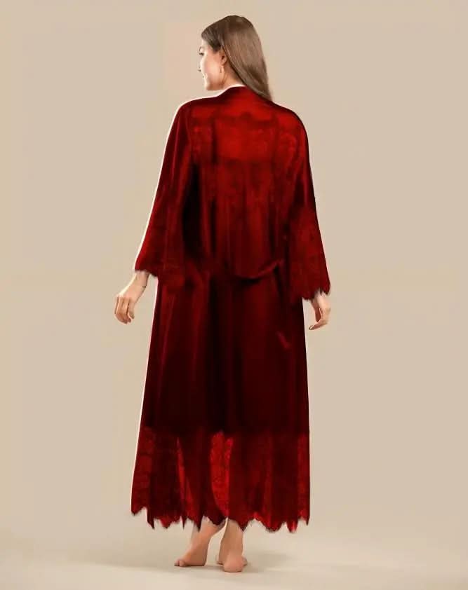 Elegant 2-Piece Silk Nightwear Set with Lace Detailing – Luxurious Midi Nightdress & Matching Robe