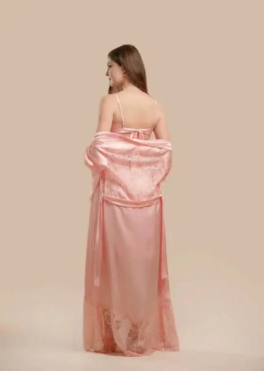 Elegant 2-Piece Silk Nightwear Set with Lace Detailing – Luxurious Midi Nightdress & Matching Robe