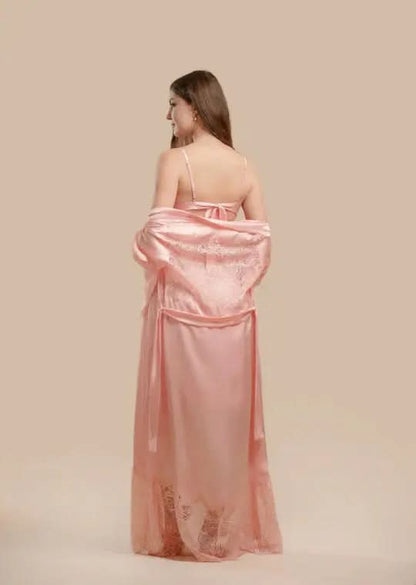 Elegant 2-Piece Silk Nightwear Set with Lace Detailing – Luxurious Midi Nightdress & Matching Robe