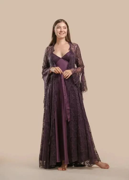 Elegant 2-Piece Silk Nightwear Set with Lace Detailing – Luxurious Midi Nightdress & Matching Robe