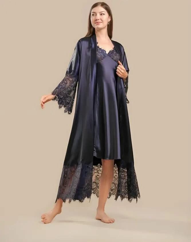 Elegant 2-Piece Silk Nightwear Set with Lace Detailing – Luxurious Midi Nightdress & Matching Robe