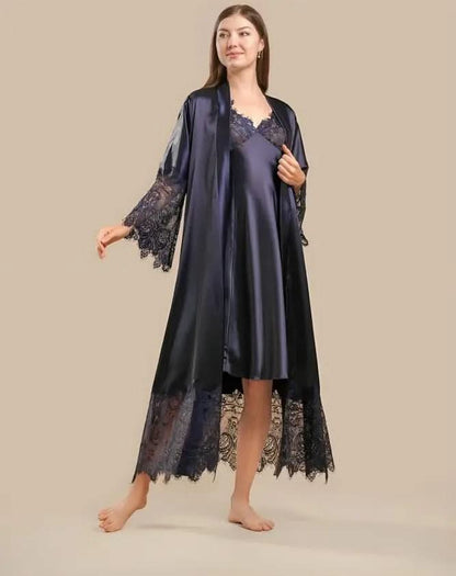 Elegant 2-Piece Silk Nightwear Set with Lace Detailing – Luxurious Midi Nightdress & Matching Robe