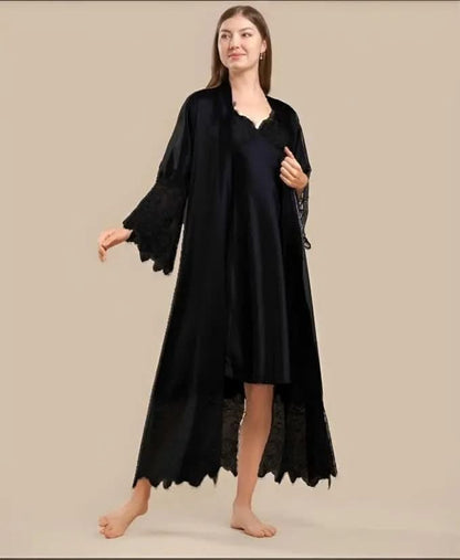 Elegant 2-Piece Silk Nightwear Set with Lace Detailing – Luxurious Midi Nightdress & Matching Robe